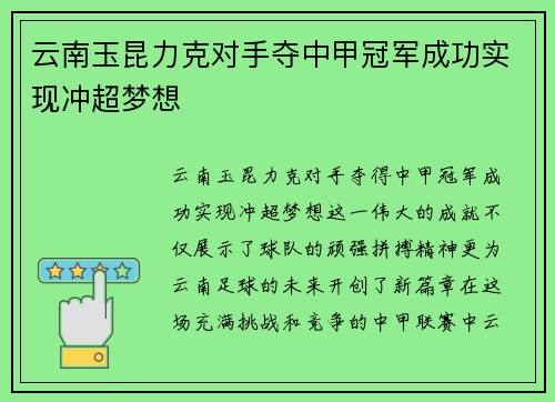 云南玉昆力克对手夺中甲冠军成功实现冲超梦想