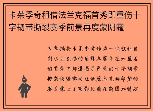 卡莱季奇租借法兰克福首秀即重伤十字韧带撕裂赛季前景再度蒙阴霾